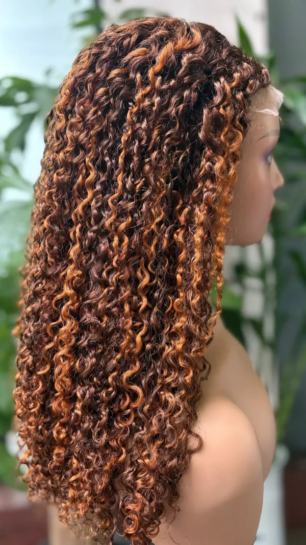 5x5 Lace Wig 100% Virgin Hair Pissy Curly #4/27 Honey Color (Glueless) - 图片 2