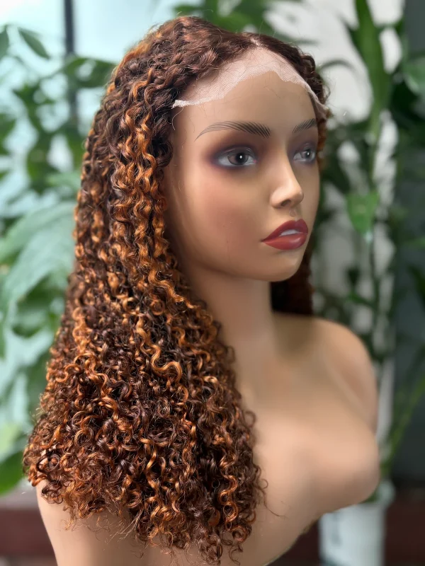 5x5 Lace Wig 100% Virgin Hair Pissy Curly #4/27 Honey Color (Glueless)