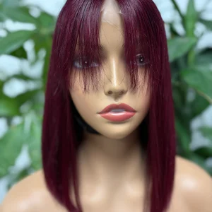 Best Value 2x6 Lace Wig 100% Virgin Hair Bone Straight #99J Burgundy with Bangs