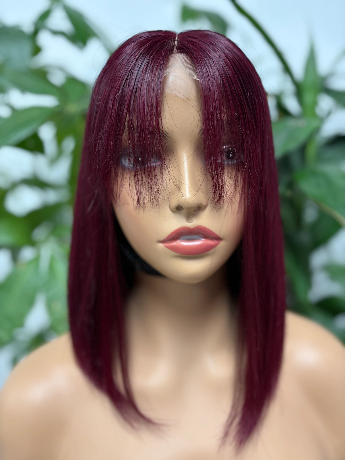 Best Value 2x6 Lace Wig 100% Virgin Hair Bone Straight #99J Burgundy with Bangs