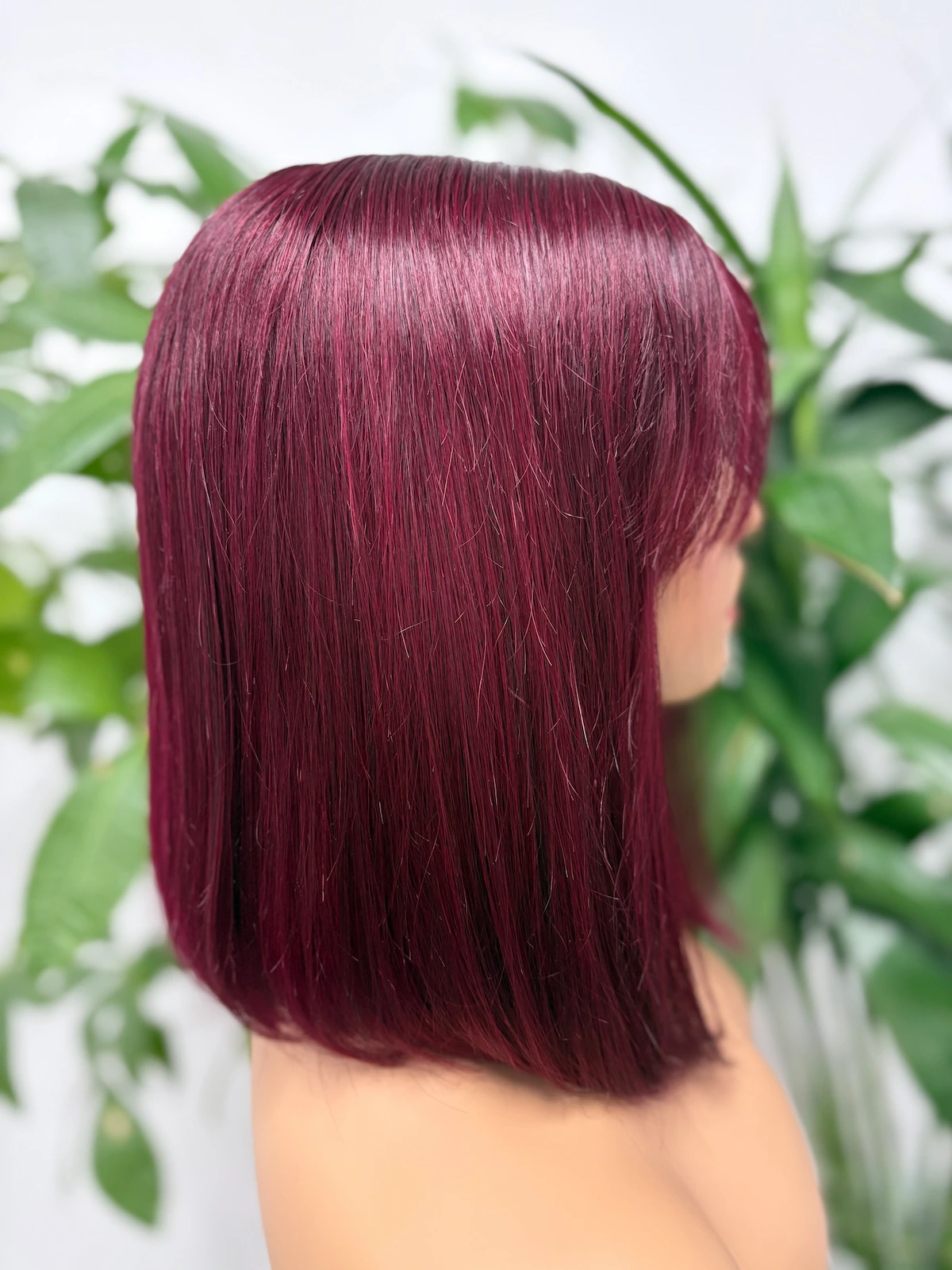 Best Value 2x6 Lace Wig 100% Virgin Hair Bone Straight #99J Burgundy with Bangs - 图片 3